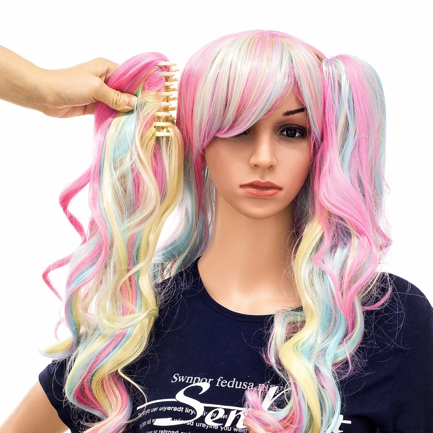 SWACC Long Curly Double Claw Clip on Ponytail Wig Synthetic Pastel Colorful Cosplay Daily Party Wig for Women with Wig Cap (Multi-Color Pink/Blue/Blonde-3)