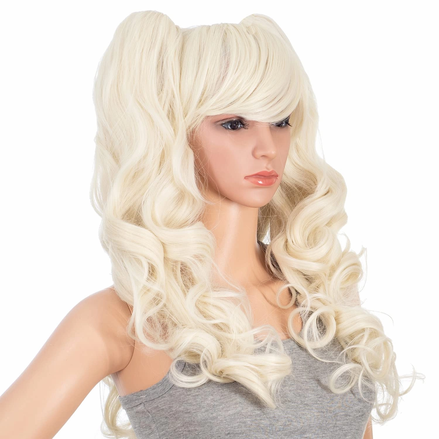 SWACC Long Curly Double Claw Clip on Ponytail Wig Synthetic Pastel Colorful Cosplay Daily Party Wig for Women with Wig Cap (Platinum Blonde)