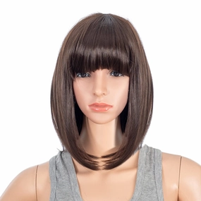 SWACC Short Straight Bob Wig with Bangs Synthetic Colorful Cosplay Daily Party Flapper Wig for Women with Wig Cap (Dark Brown)