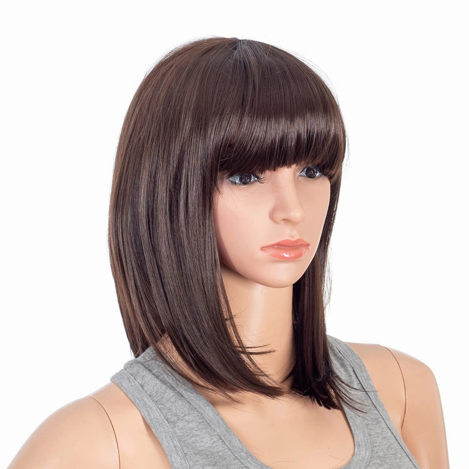 SWACC Short Straight Bob Wig with Bangs Synthetic Colorful Cosplay Daily Party Flapper Wig for Women with Wig Cap (Dark Brown)
