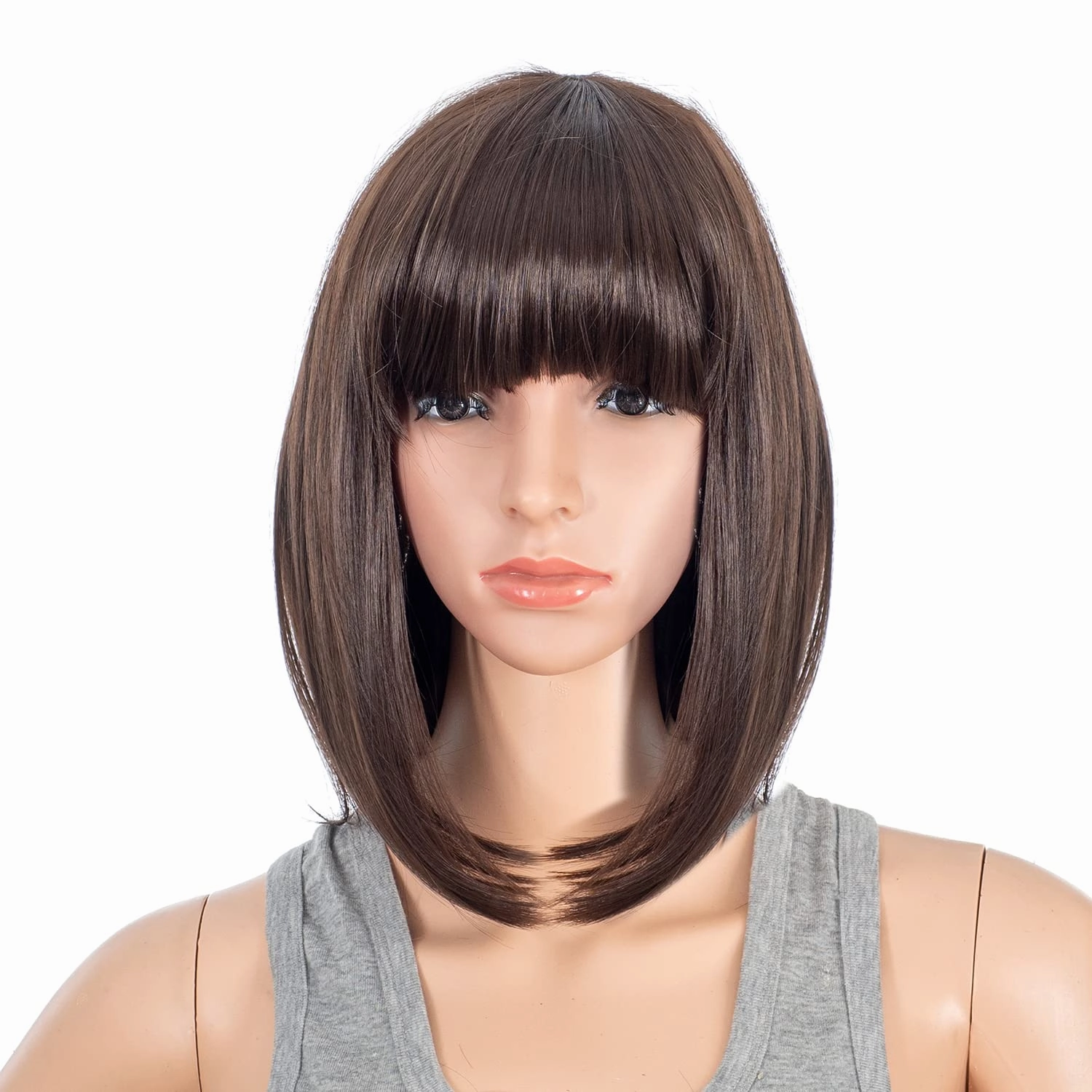 SWACC Short Straight Bob Wig with Bangs Synthetic Colorful Cosplay Daily Party Flapper Wig for Women with Wig Cap (Dark Brown)