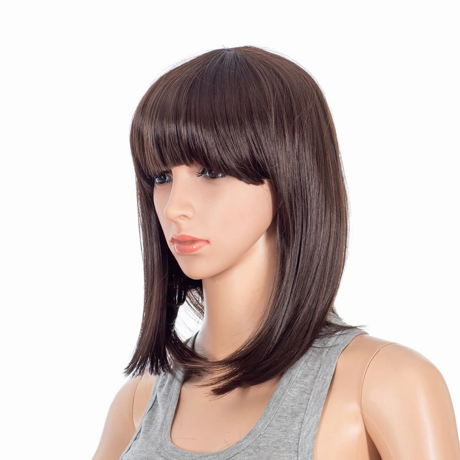 SWACC Short Straight Bob Wig with Bangs Synthetic Colorful Cosplay Daily Party Flapper Wig for Women with Wig Cap (Dark Brown)