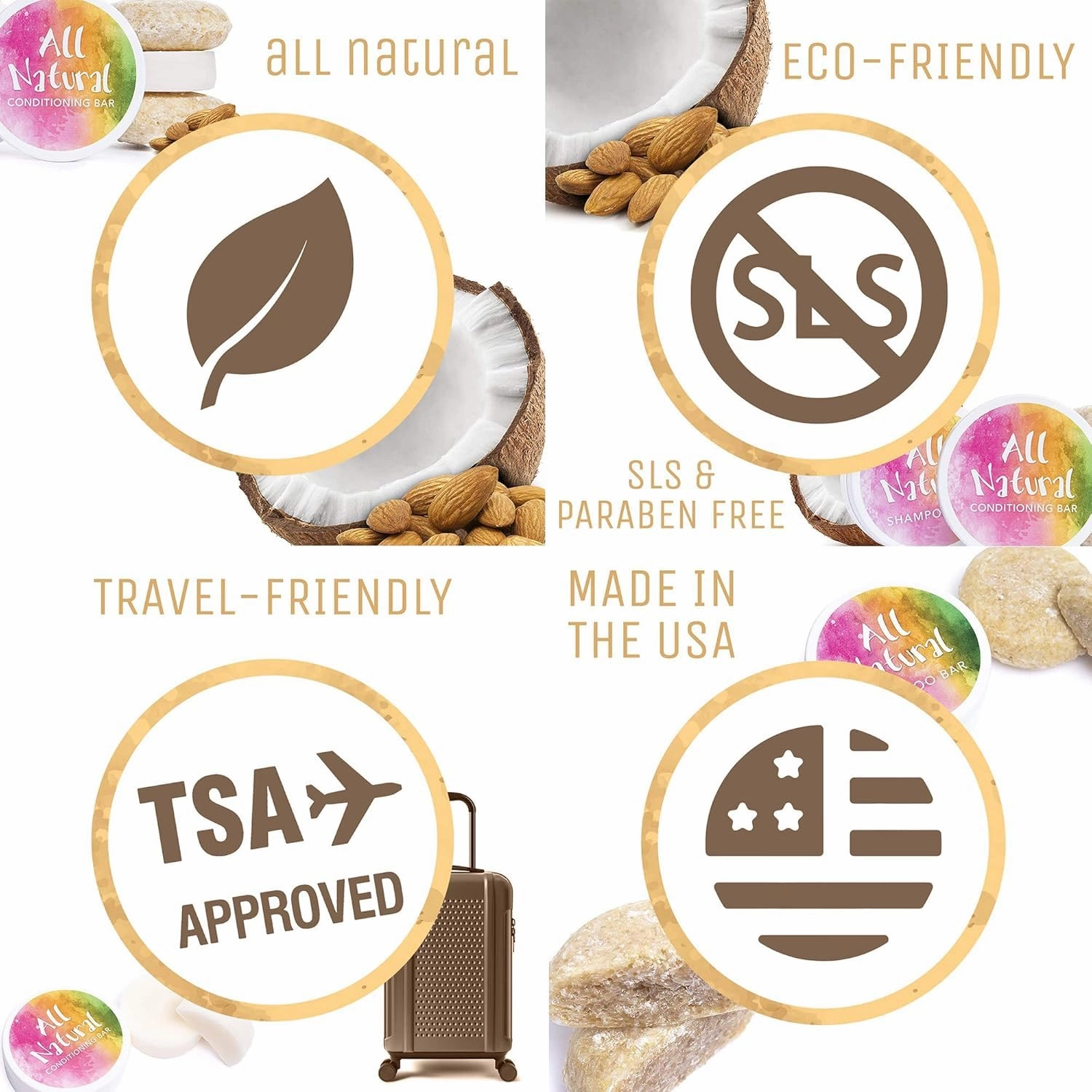 Sweet & Sassy 3 Shampoo Bars. Made in the USA. All Natural, Organic, SLS Free, Plastic Free, Safe for Color Treated Hair - Coconut Almond