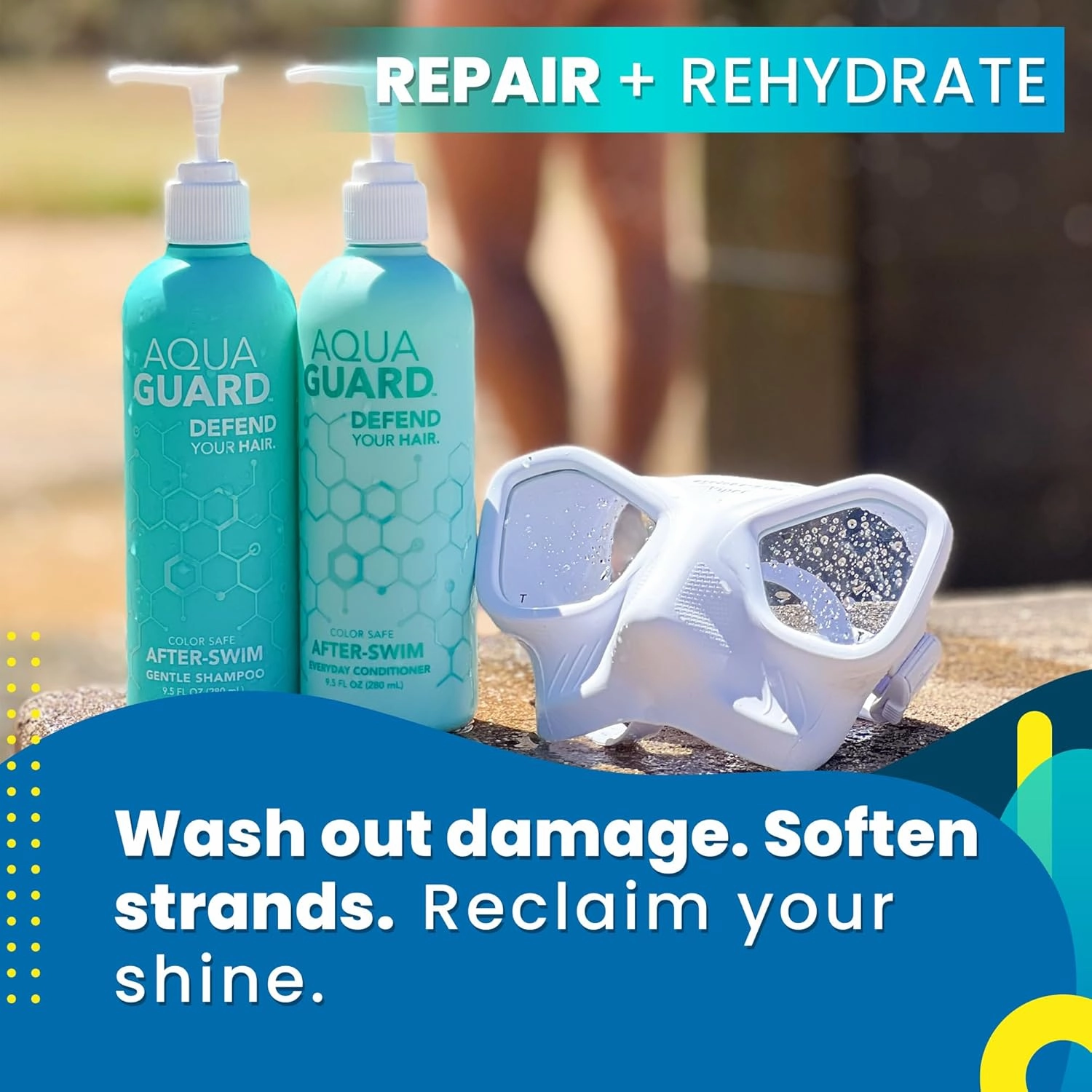 Swim Hair Rescue Bundle | Pre-Swim Protection & Post-Swim Repair Kit | Includes Hair Defense, Shampoo, Conditioner, Detangler, Hair Mask & SPF Skin Defense | Chlorine Care For Swimmers