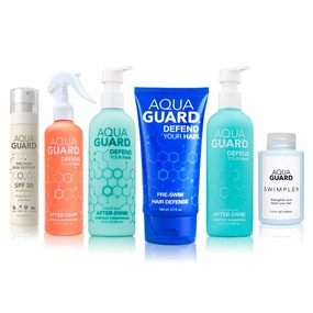 Swim Hair Rescue Bundle | Pre-Swim Protection & Post-Swim Repair Kit | Includes Hair Defense, Shampoo, Conditioner, Detangler, Hair Mask & SPF Skin Defense | Chlorine Care For Swimmers