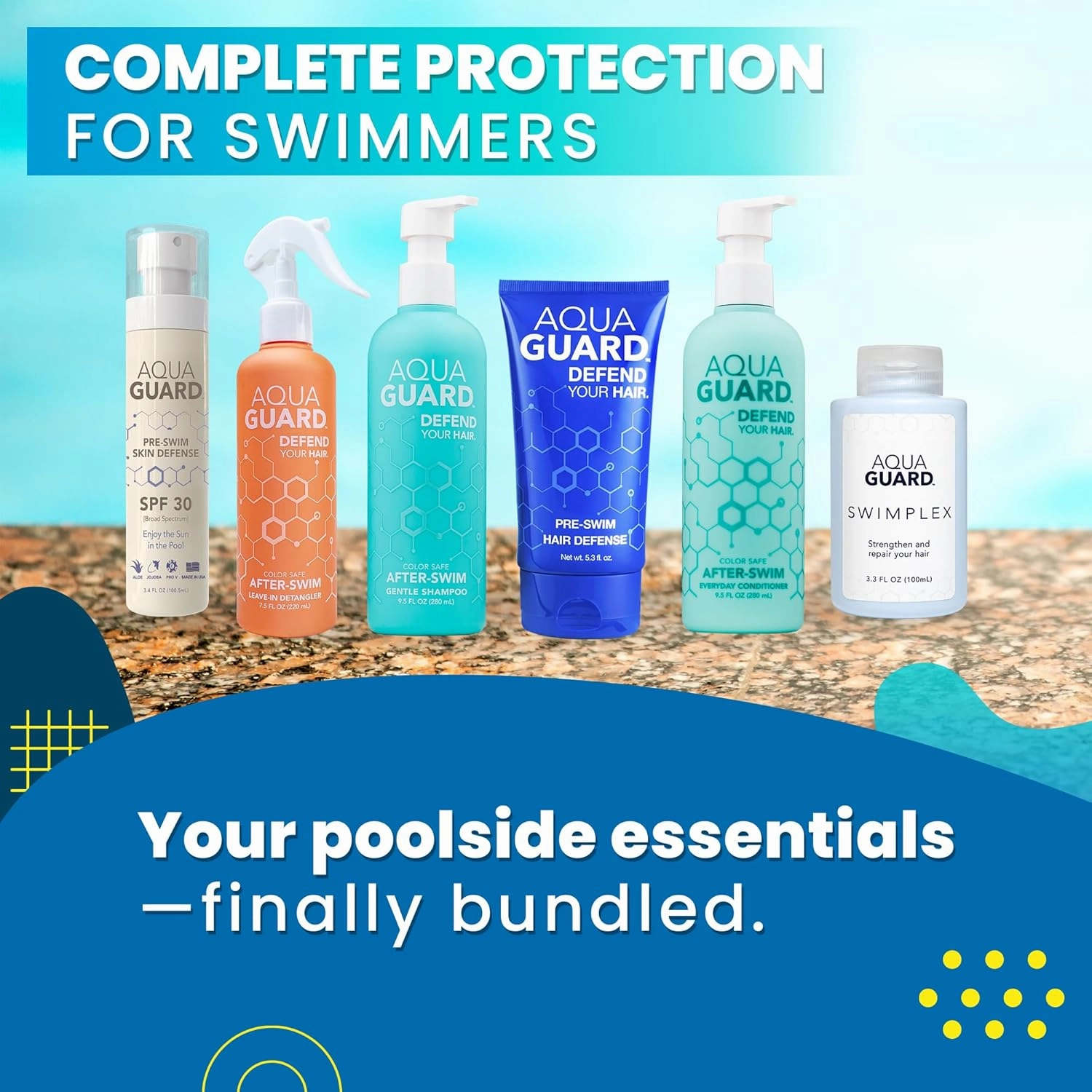Swim Hair Rescue Bundle | Pre-Swim Protection & Post-Swim Repair Kit | Includes Hair Defense, Shampoo, Conditioner, Detangler, Hair Mask & SPF Skin Defense | Chlorine Care For Swimmers