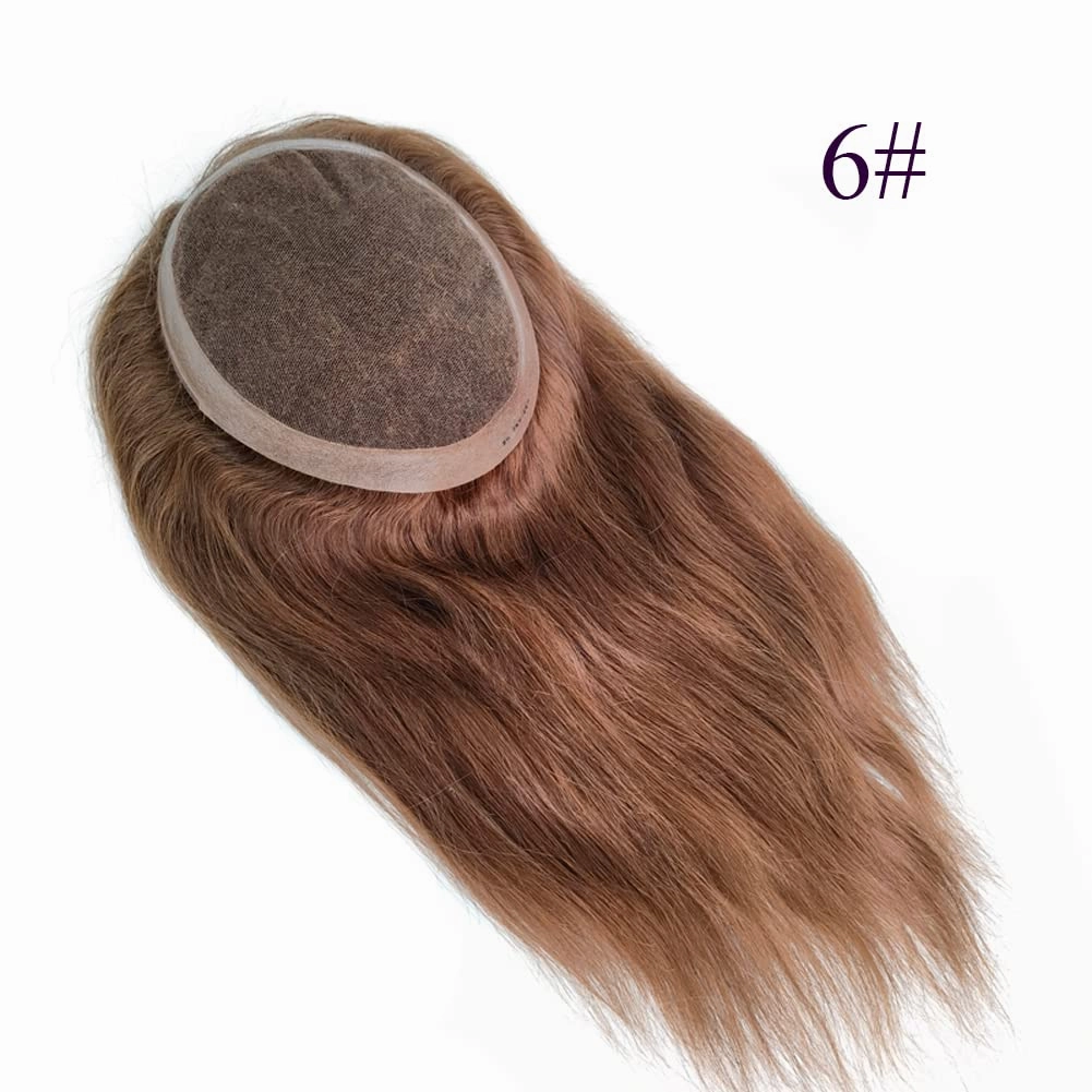 Swiss Lace PU Thin Skin Around Men Toupee with Human Hair Piece System Size 7"×9" Hair Length 20 Inch Brown 6#