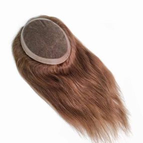 Swiss Lace PU Thin Skin Around Men Toupee with Human Hair Piece System Size 7"×9" Hair Length 20 Inch Brown 6#