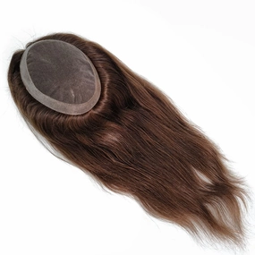 Swiss Lace PU Thin Skin Around Men Toupee with Human Hair Piece System Size 7"×9" Hair Length 20 Inch Dark Browk 2#