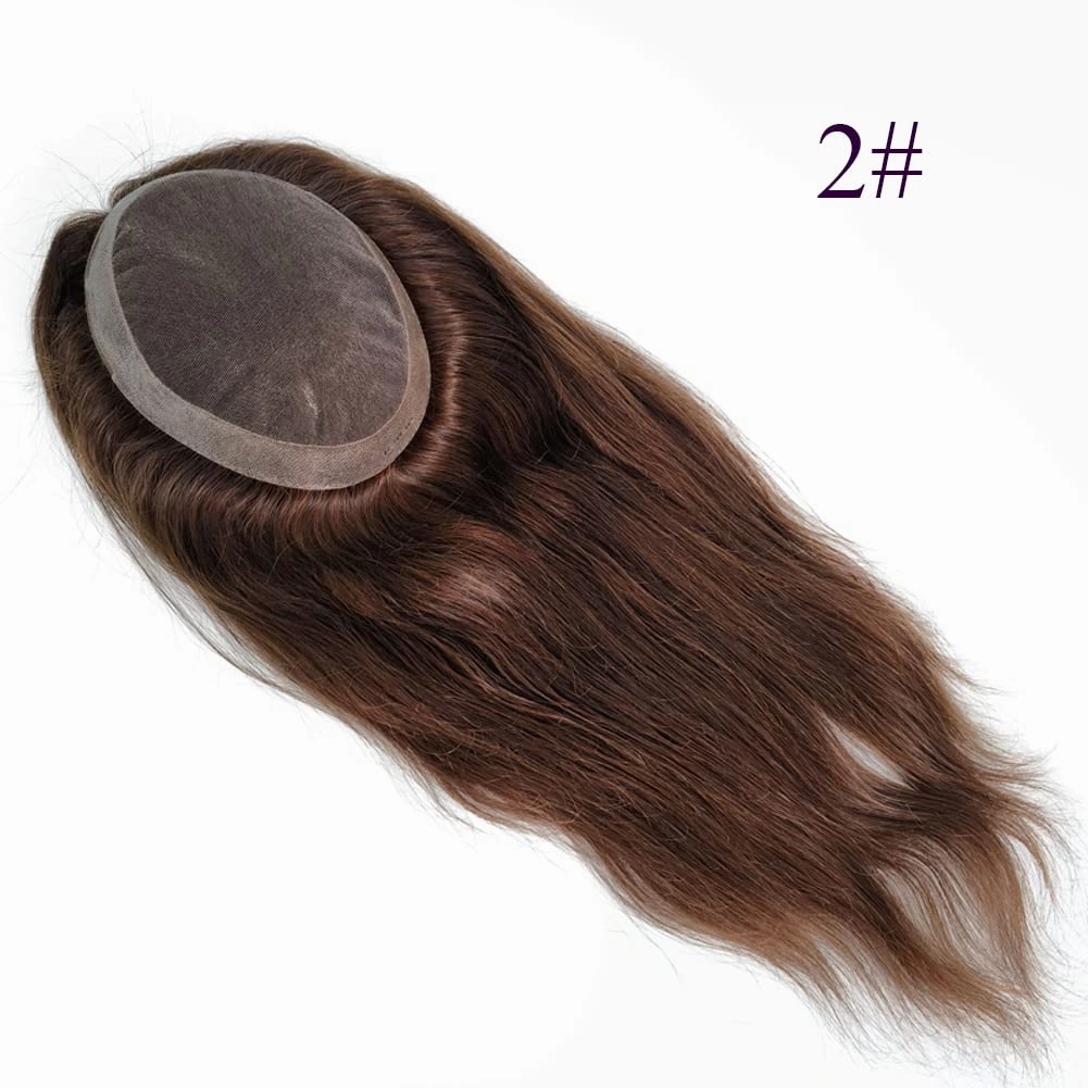 Swiss Lace PU Thin Skin Around Men Toupee with Human Hair Piece System Size 7"×9" Hair Length 20 Inch Dark Browk 2#