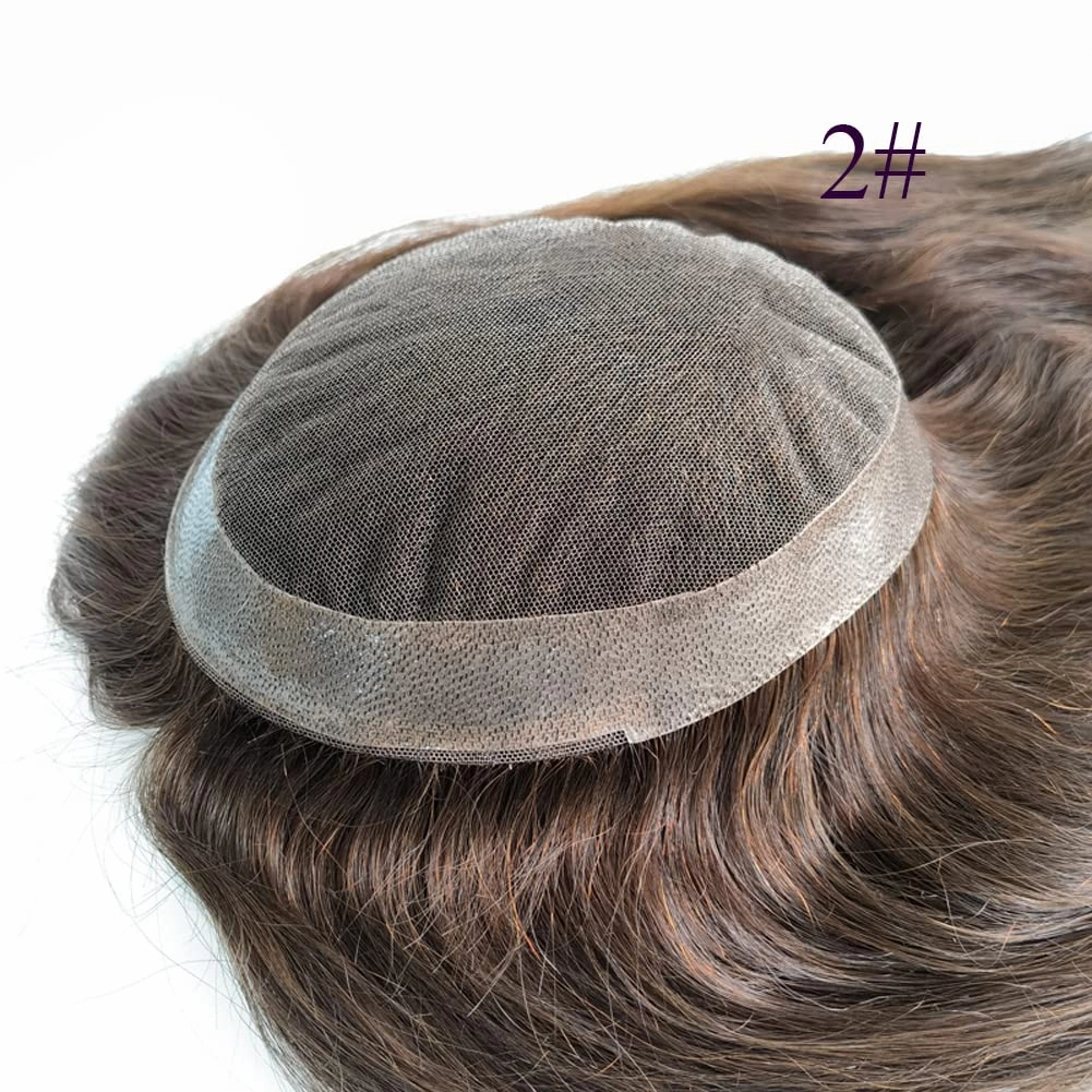 Swiss Lace PU Thin Skin Around Men Toupee with Human Hair Piece System Size 7"×9" Hair Length 20 Inch Dark Browk 2#