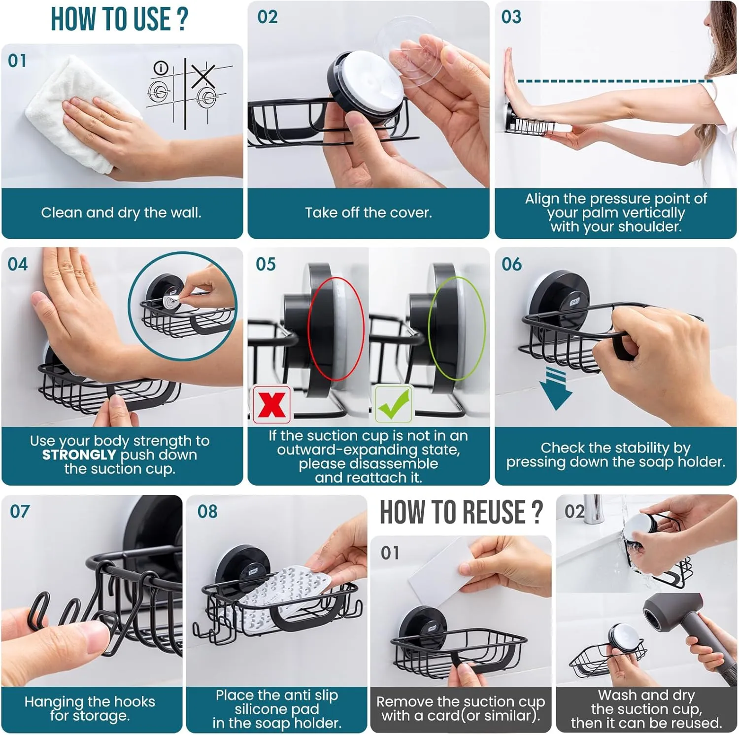 TAILI Soap Dish Holder Suction Cup with Hooks and Silicone Soap Saver Pad for Shower Wall, Shampoo Saver Tray for Bathroom, Tub, Kitchen, Rustproof Stainless Steel Sponge Holder, Black