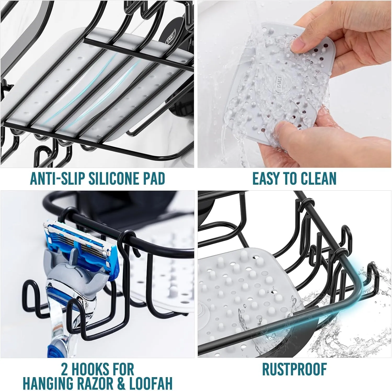 TAILI Soap Dish Holder Suction Cup with Hooks and Silicone Soap Saver Pad for Shower Wall, Shampoo Saver Tray for Bathroom, Tub, Kitchen, Rustproof Stainless Steel Sponge Holder, Black