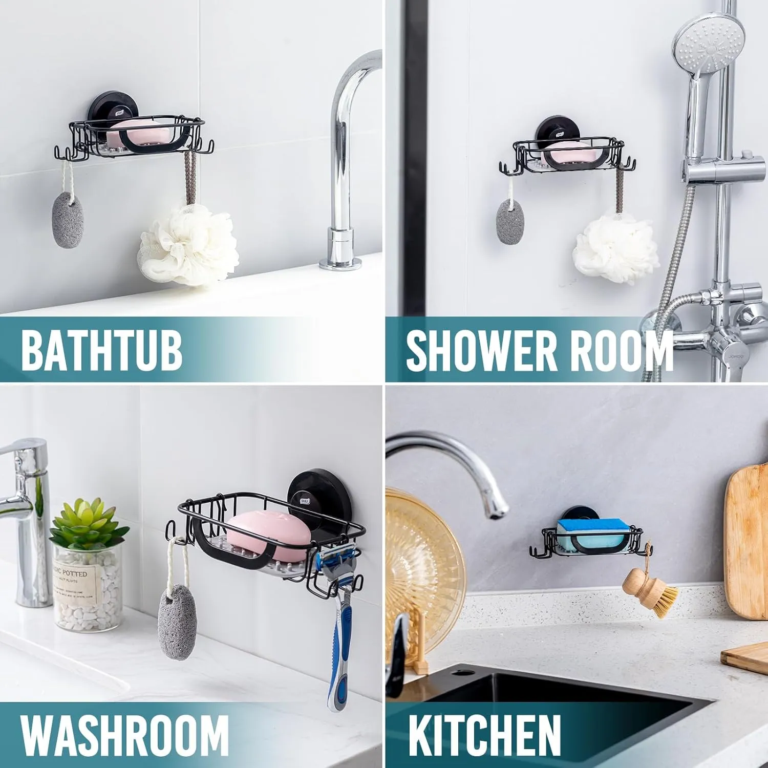 TAILI Soap Dish Holder Suction Cup with Hooks and Silicone Soap Saver Pad for Shower Wall, Shampoo Saver Tray for Bathroom, Tub, Kitchen, Rustproof Stainless Steel Sponge Holder, Black