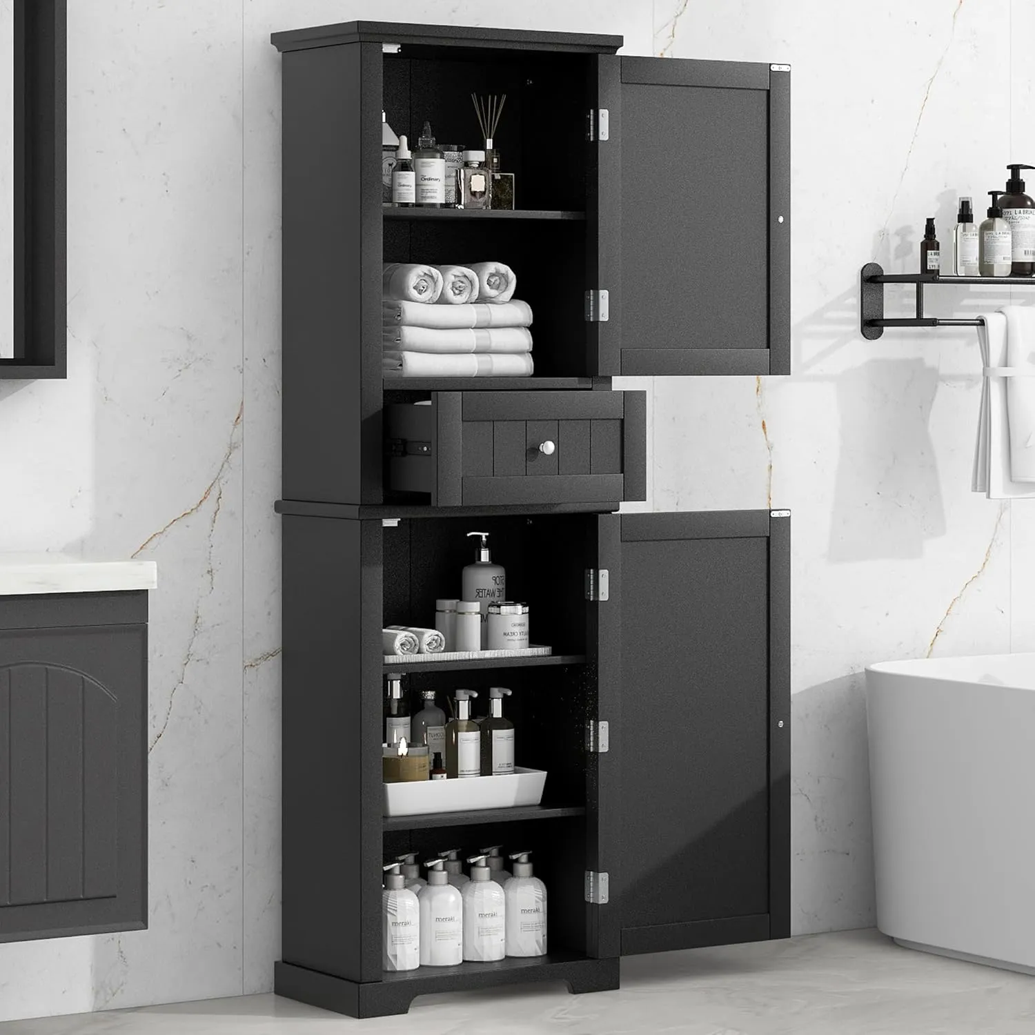 Tall Storage Cabinet, Bathroom Floor Freestanding Storage Cabinet with 2 Doors, One Drawer, and Adjustable Shelf for Bathroom, Office, Living Room, Black