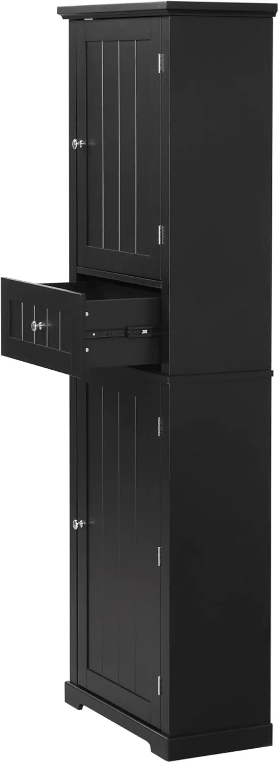 Tall Storage Cabinet, Bathroom Floor Freestanding Storage Cabinet with 2 Doors, One Drawer, and Adjustable Shelf for Bathroom, Office, Living Room, Black