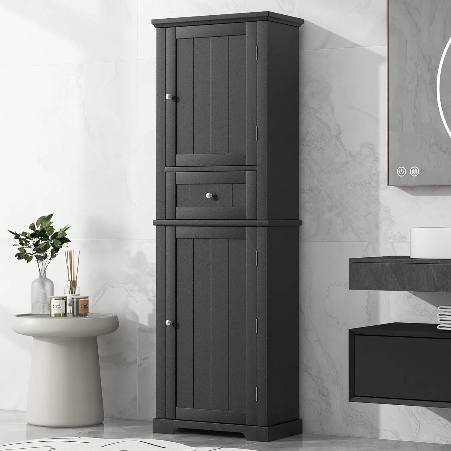 Tall Storage Cabinet, Bathroom Floor Freestanding Storage Cabinet with 2 Doors, One Drawer, and Adjustable Shelf for Bathroom, Office, Living Room, Black