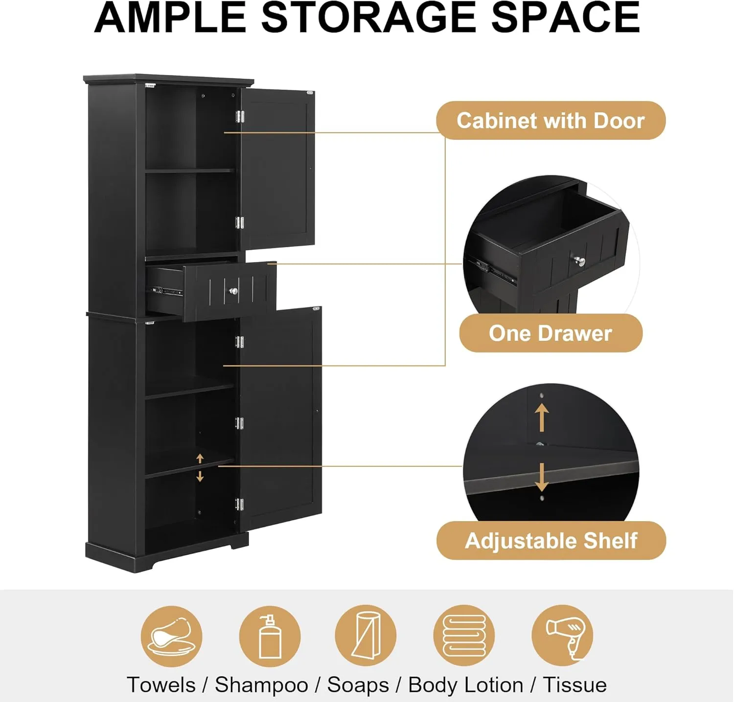 Tall Storage Cabinet, Bathroom Floor Freestanding Storage Cabinet with 2 Doors, One Drawer, and Adjustable Shelf for Bathroom, Office, Living Room, Black