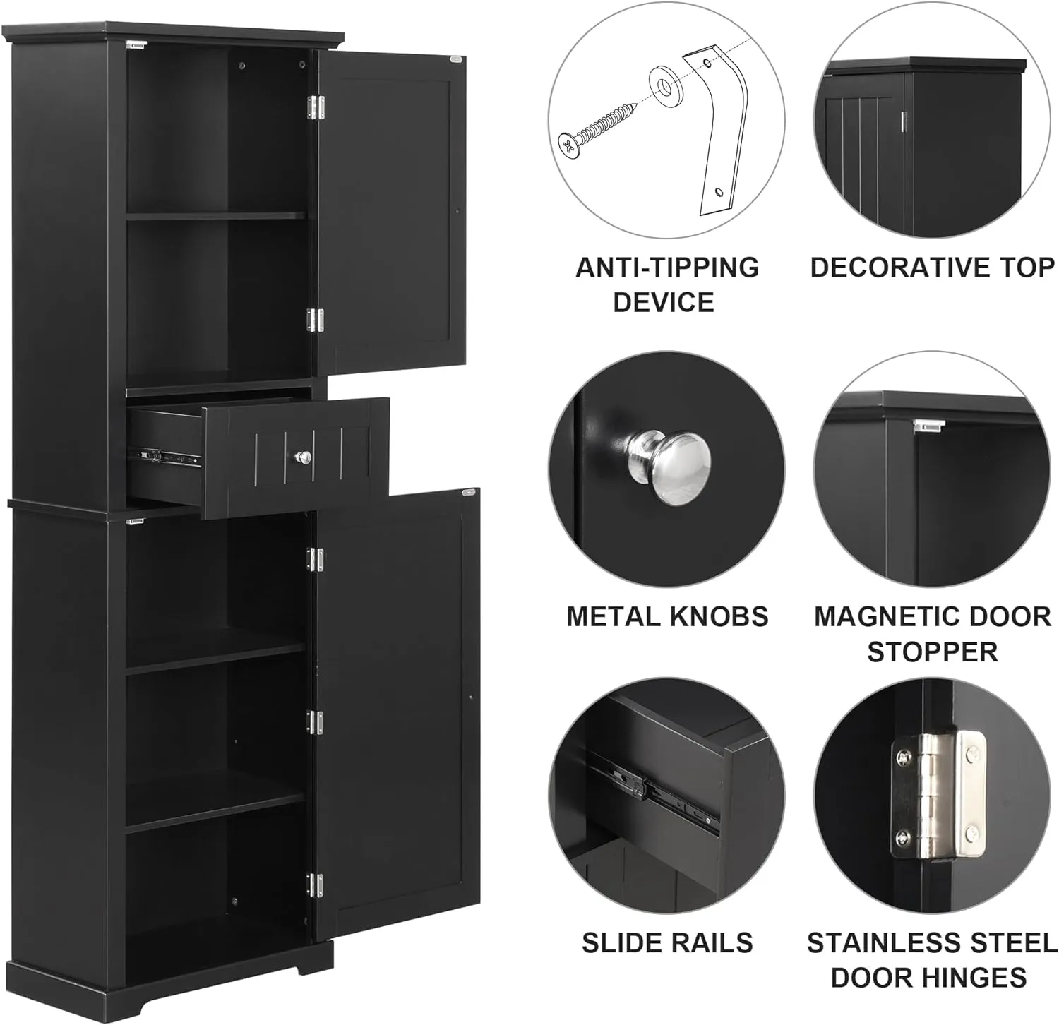 Tall Storage Cabinet, Bathroom Floor Freestanding Storage Cabinet with 2 Doors, One Drawer, and Adjustable Shelf for Bathroom, Office, Living Room, Black