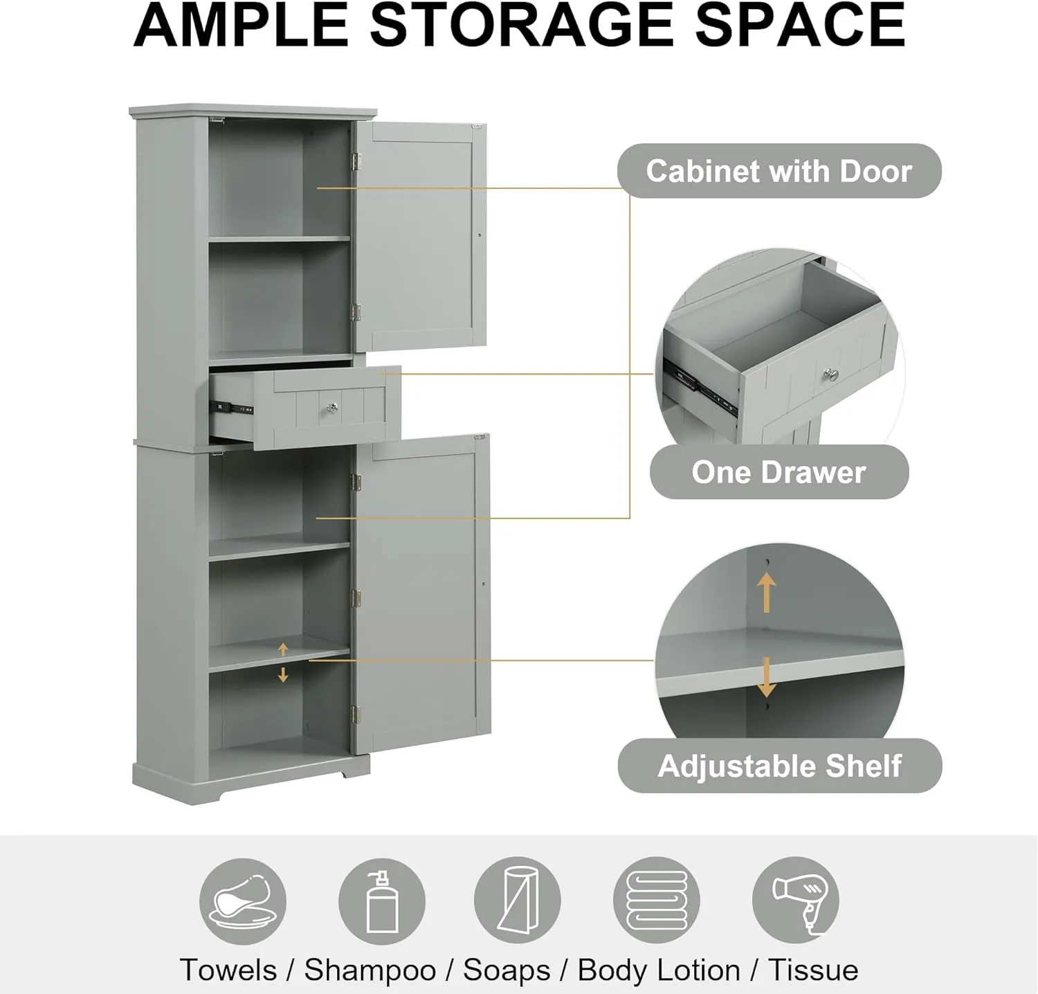 Tall Storage Cabinet, Bathroom Floor Freestanding Storage Cabinet with 2 Doors, One Drawer, and Adjustable Shelf for Bathroom, Office, Living Room, Grey