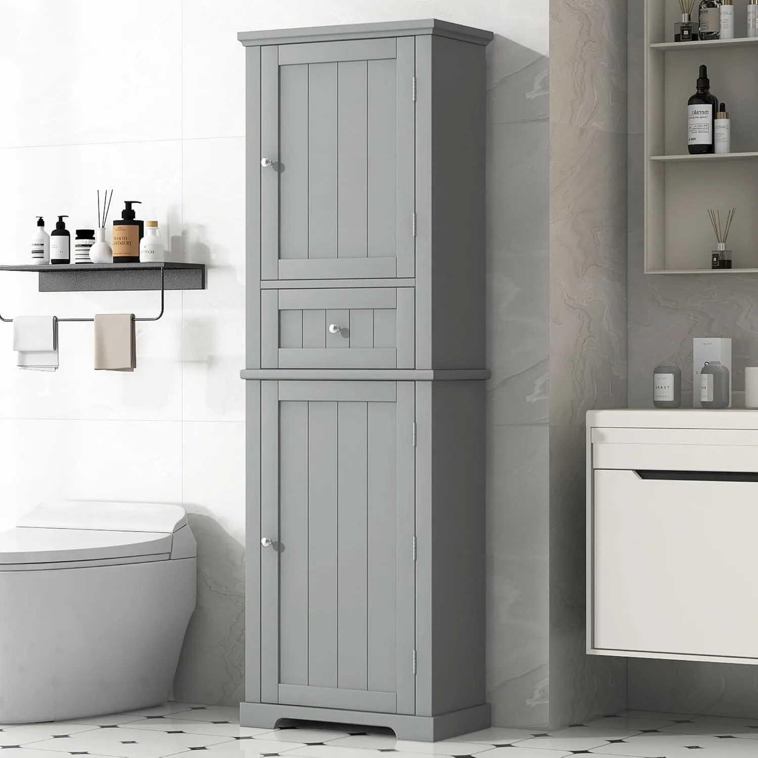 Tall Storage Cabinet, Bathroom Floor Freestanding Storage Cabinet with 2 Doors, One Drawer, and Adjustable Shelf for Bathroom, Office, Living Room, Grey