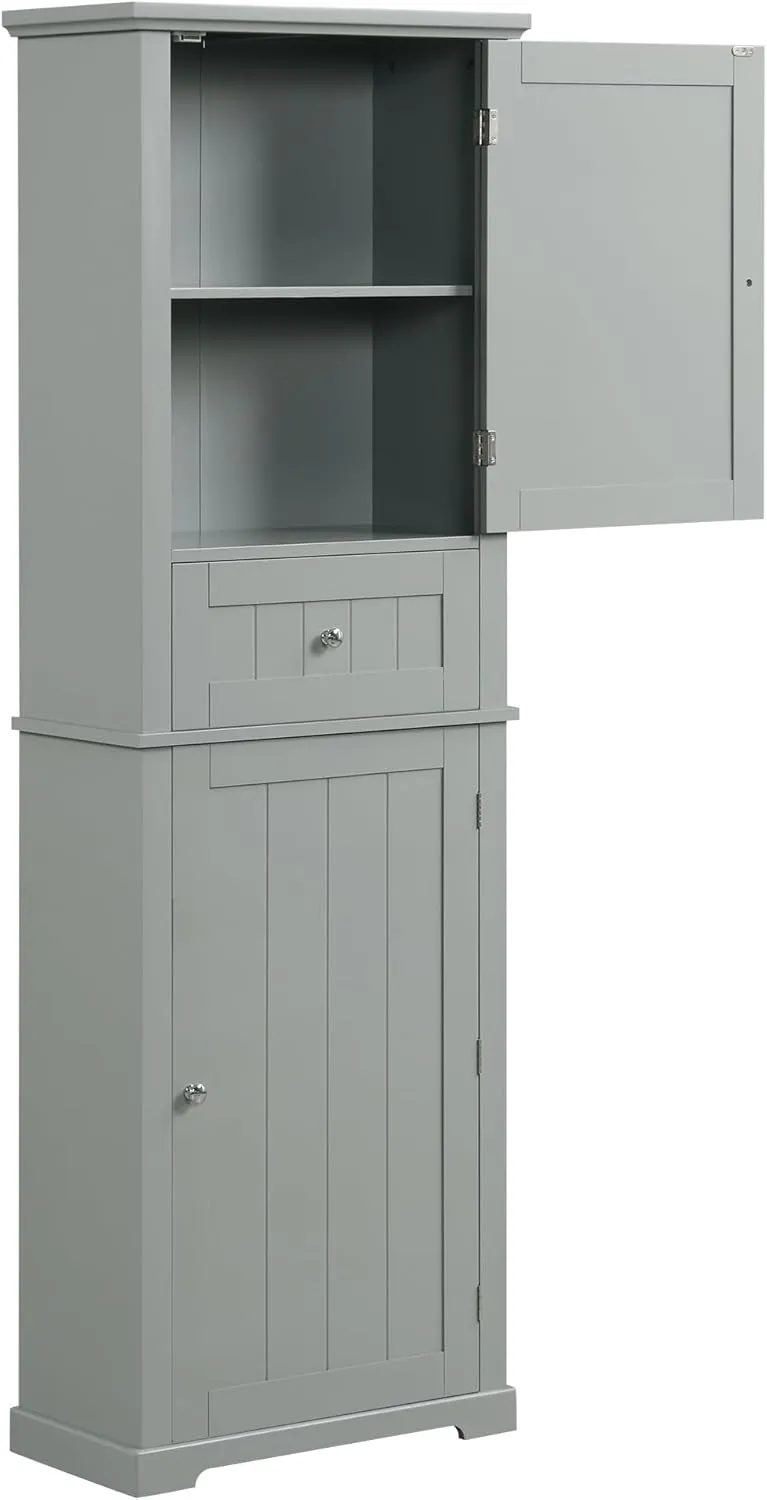Tall Storage Cabinet, Bathroom Floor Freestanding Storage Cabinet with 2 Doors, One Drawer, and Adjustable Shelf for Bathroom, Office, Living Room, Grey