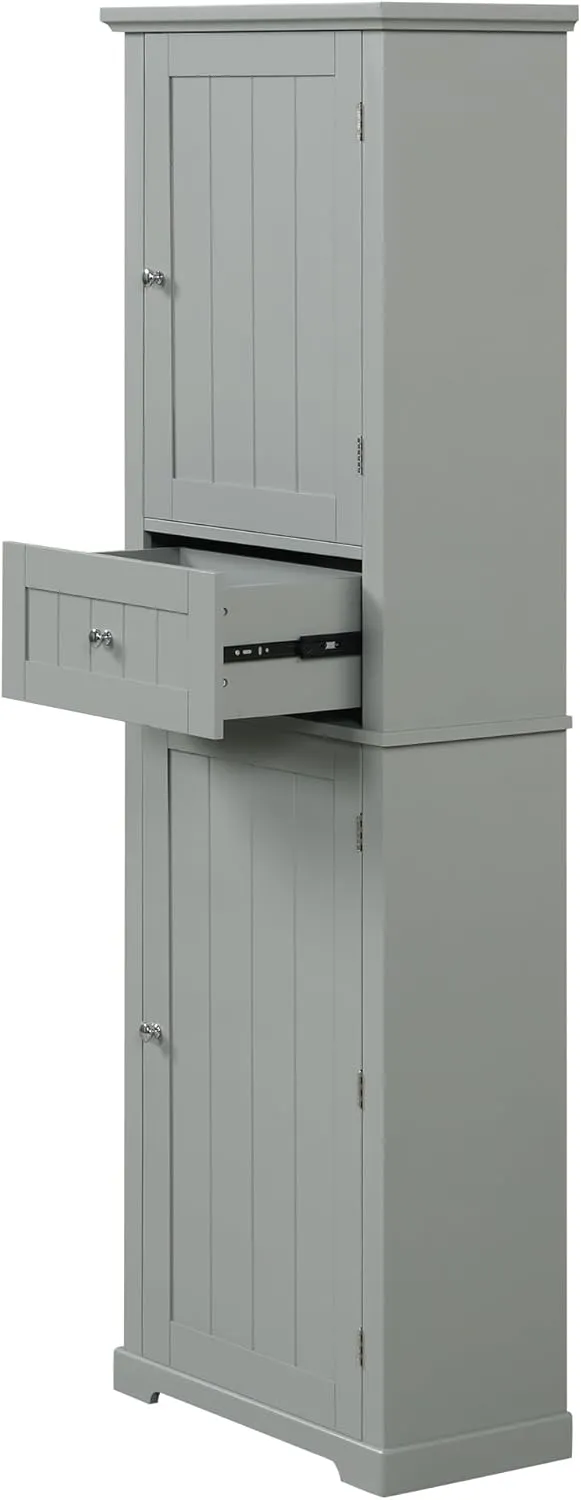 Tall Storage Cabinet, Bathroom Floor Freestanding Storage Cabinet with 2 Doors, One Drawer, and Adjustable Shelf for Bathroom, Office, Living Room, Grey