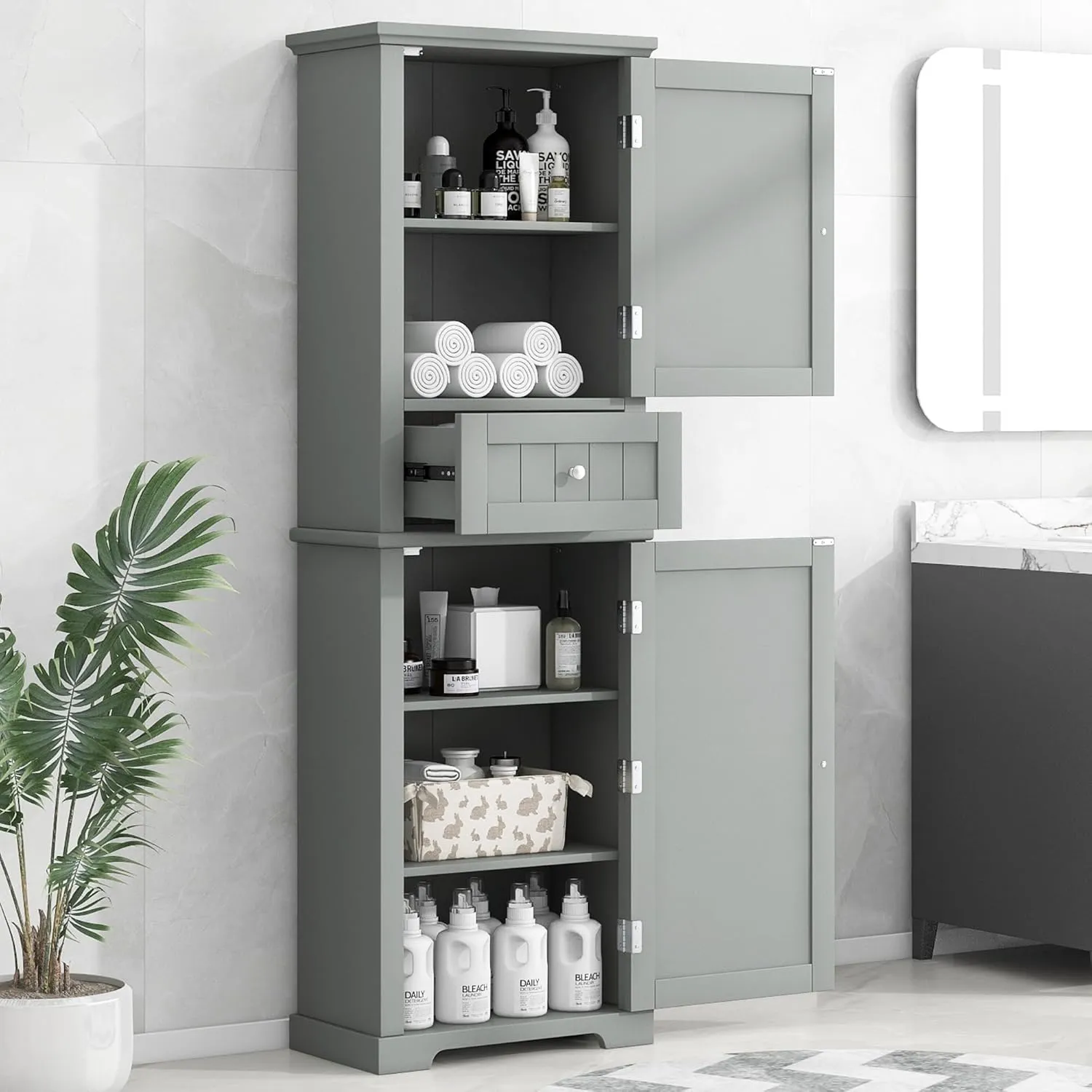 Tall Storage Cabinet, Bathroom Floor Freestanding Storage Cabinet with 2 Doors, One Drawer, and Adjustable Shelf for Bathroom, Office, Living Room, Grey