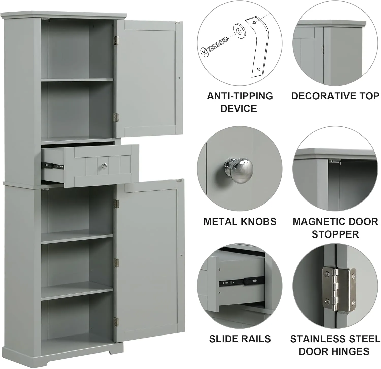 Tall Storage Cabinet, Bathroom Floor Freestanding Storage Cabinet with 2 Doors, One Drawer, and Adjustable Shelf for Bathroom, Office, Living Room, Grey