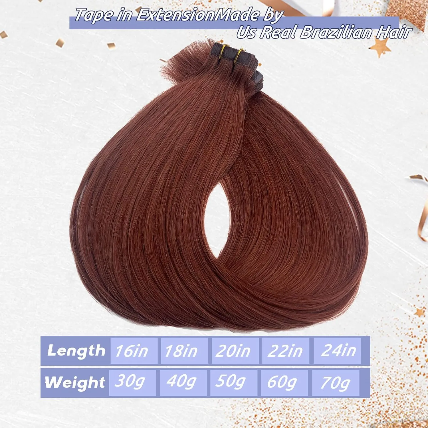 Tape in Remy Human Hair Extensions #33 Dark Auburn Double Sided Seamless Skin Weft Silk Straight 100% Real Hair Glue in Extensions for White Women 60grams 22 Inch