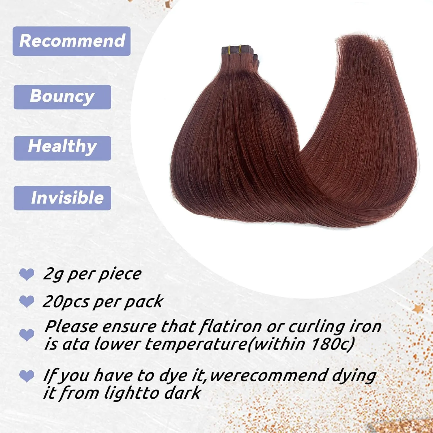 Tape in Remy Human Hair Extensions #33 Dark Auburn Double Sided Seamless Skin Weft Silk Straight 100% Real Hair Glue in Extensions for White Women 60grams 22 Inch