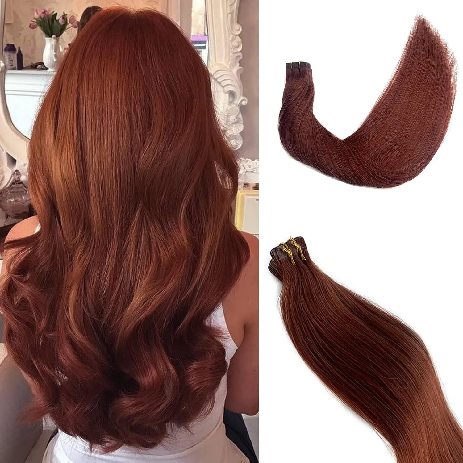 Tape in Remy Human Hair Extensions #33 Dark Auburn Double Sided Seamless Skin Weft Silk Straight 100% Real Hair Glue in Extensions for White Women 60grams 22 Inch
