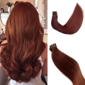 Tape in Remy Human Hair Extensions #33 Dark Auburn Double Sided Seamless Skin Weft Silk Straight 100% Real Hair Glue in Extensions for White Women 60grams 22 Inch