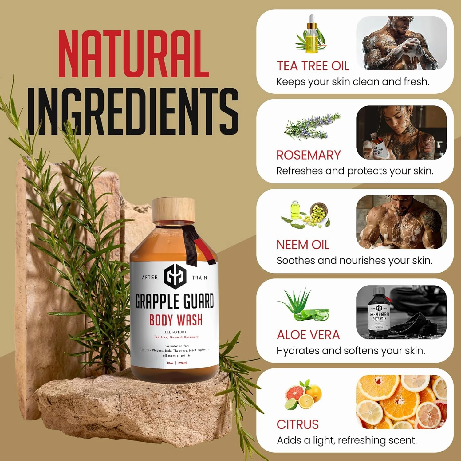 Tea Tree Body Wash for Men and Women - All Natural Body Wash/Soap with Citrus Scent, Neem & Rosemary Oils for Jiu Jitsu, MMA, Judo Athletes, & All Martial Artists, 10 oz