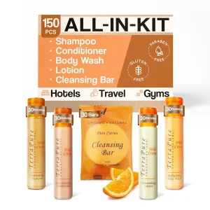Terra Pure Wild Citrus Toiletries Set | 1-Shoppe Amenities Kit | 1oz Shampoo, Conditioner, Body Wash, Lotion, 1oz Bar Soap | 150 Pieces
