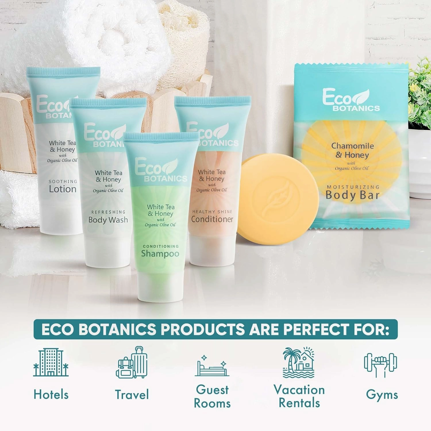 Terra Pure Eco Botanics Hotel Soaps & Toiletries Bulk Set | 0.85oz Hotel Shampoo & Conditioner, Body Wash, Body Lotion & Bar Soap Travel Size | 300 Pieces