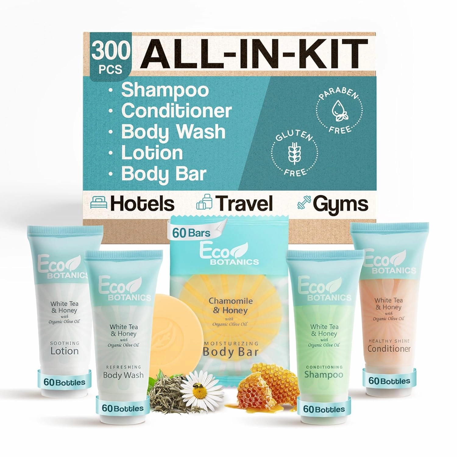 Terra Pure Eco Botanics Hotel Soaps & Toiletries Bulk Set | 0.85oz Hotel Shampoo & Conditioner, Body Wash, Body Lotion & Bar Soap Travel Size | 300 Pieces