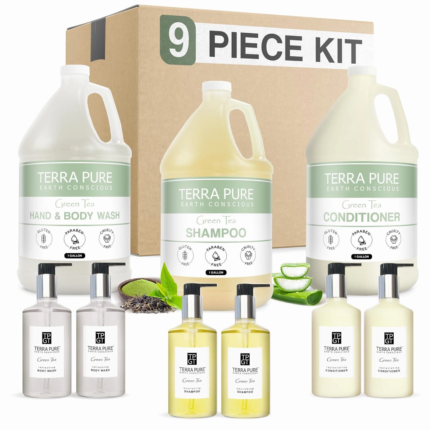 Terra Pure Gallon & Dispenser Set | 1-Shoppe All-In-Kit | Shampoo Conditioner Body Wash Gallon | Refillable 10.14 oz. Matching Pump Bottles