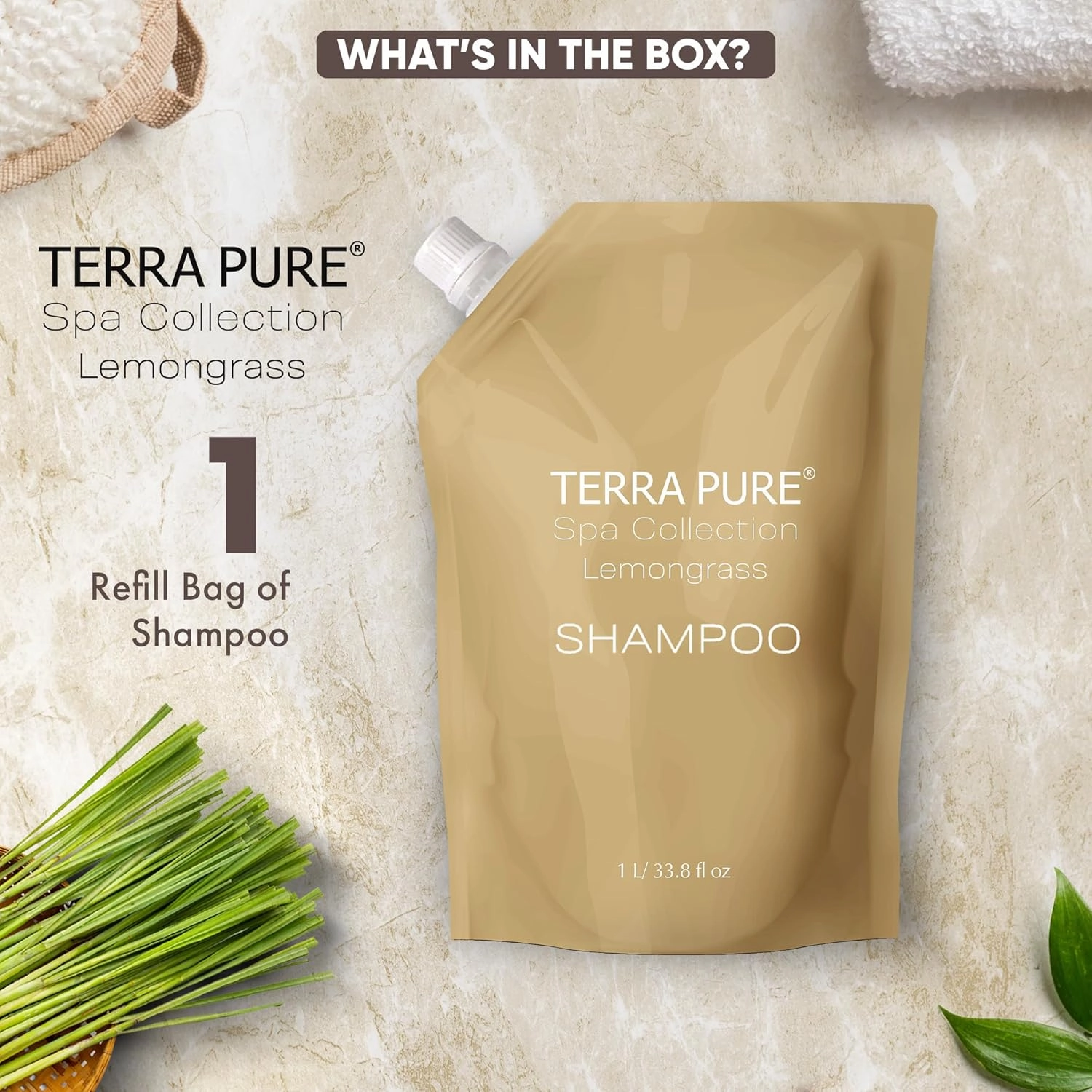 Terra Pure Spa Collection 1 Liter Shampoo Refill Bag For Soap Dispensers | Bulk Toiletries for Vacation Rentals, and Home Bathroom Showers | Green Tea Lemongrass | Single