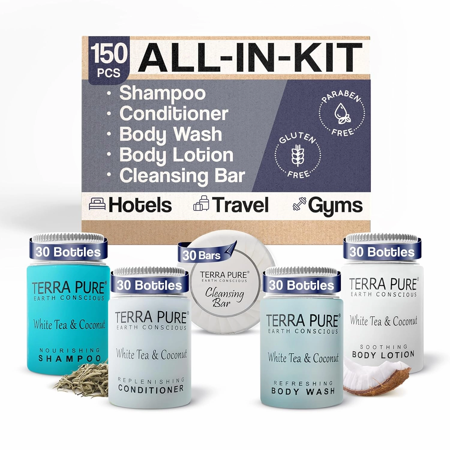 Terra Pure White Tea & Coconut Toiletries Set | 1-Shoppe Amenities Kit | 1oz Shampoo & Conditioner, Body Wash, Lotion, 1.25oz Bar Soap | Travel Size | 150 Pieces