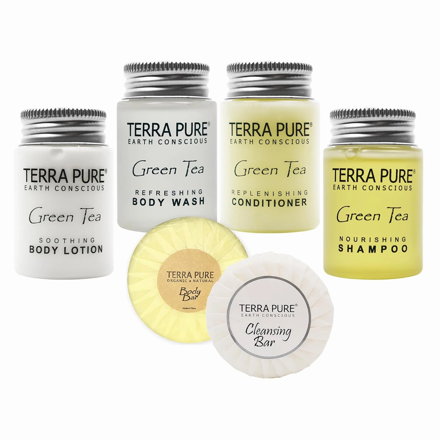 Terra Pure White Tea and Coconut | 300 pcs 1oz Shampoo and Conditioner, Body Wash, Lotion, 1.25oz Bar Soap and 100 pcs Cleansing Bar Soap