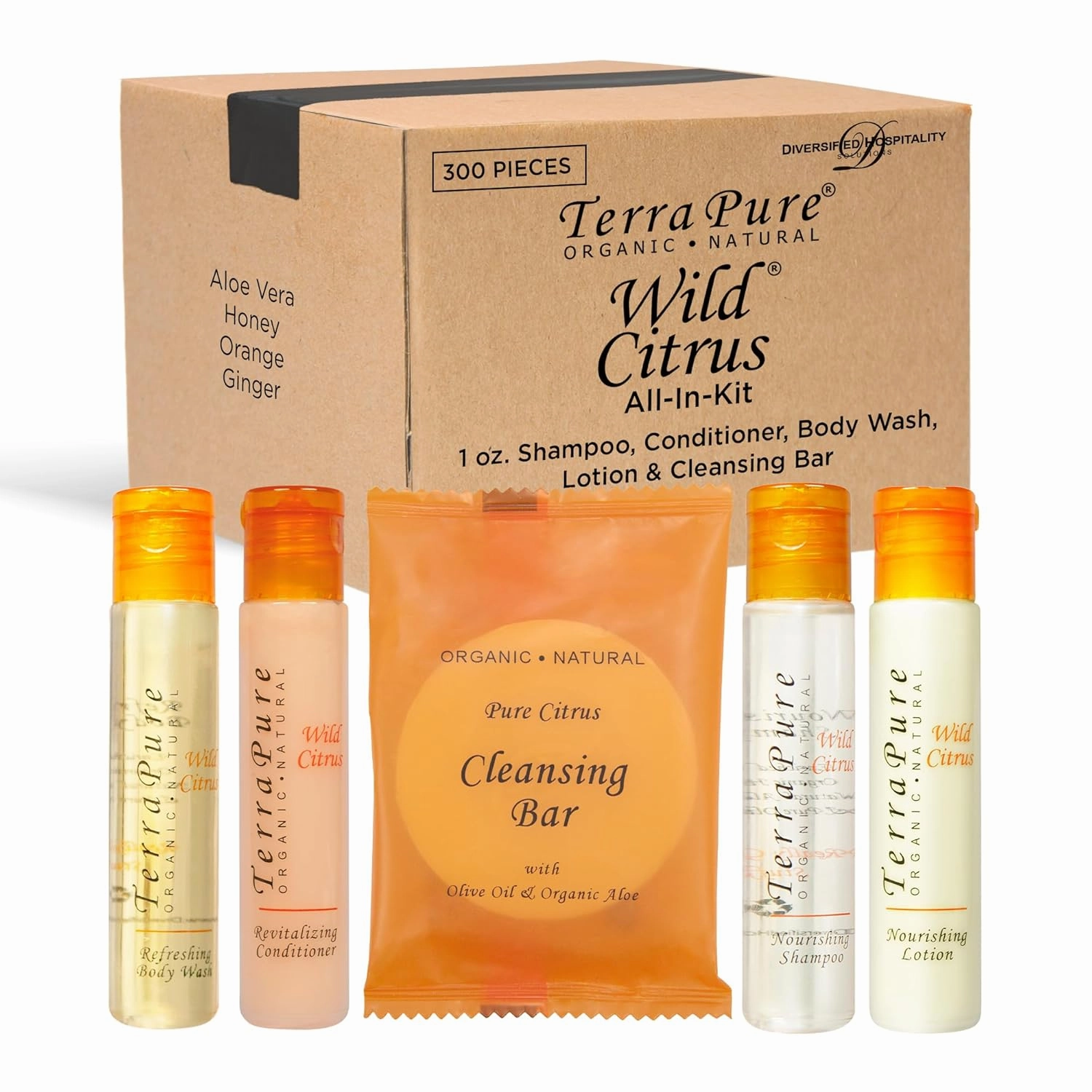 Terra Pure Wild Citrus Hotel Amenities Set | 1-Shoppe Amenities Kit | 1oz Shampoo, Conditioner, Body Wash, Lotion, Bar Soap | Travel Size | 300 Pieces