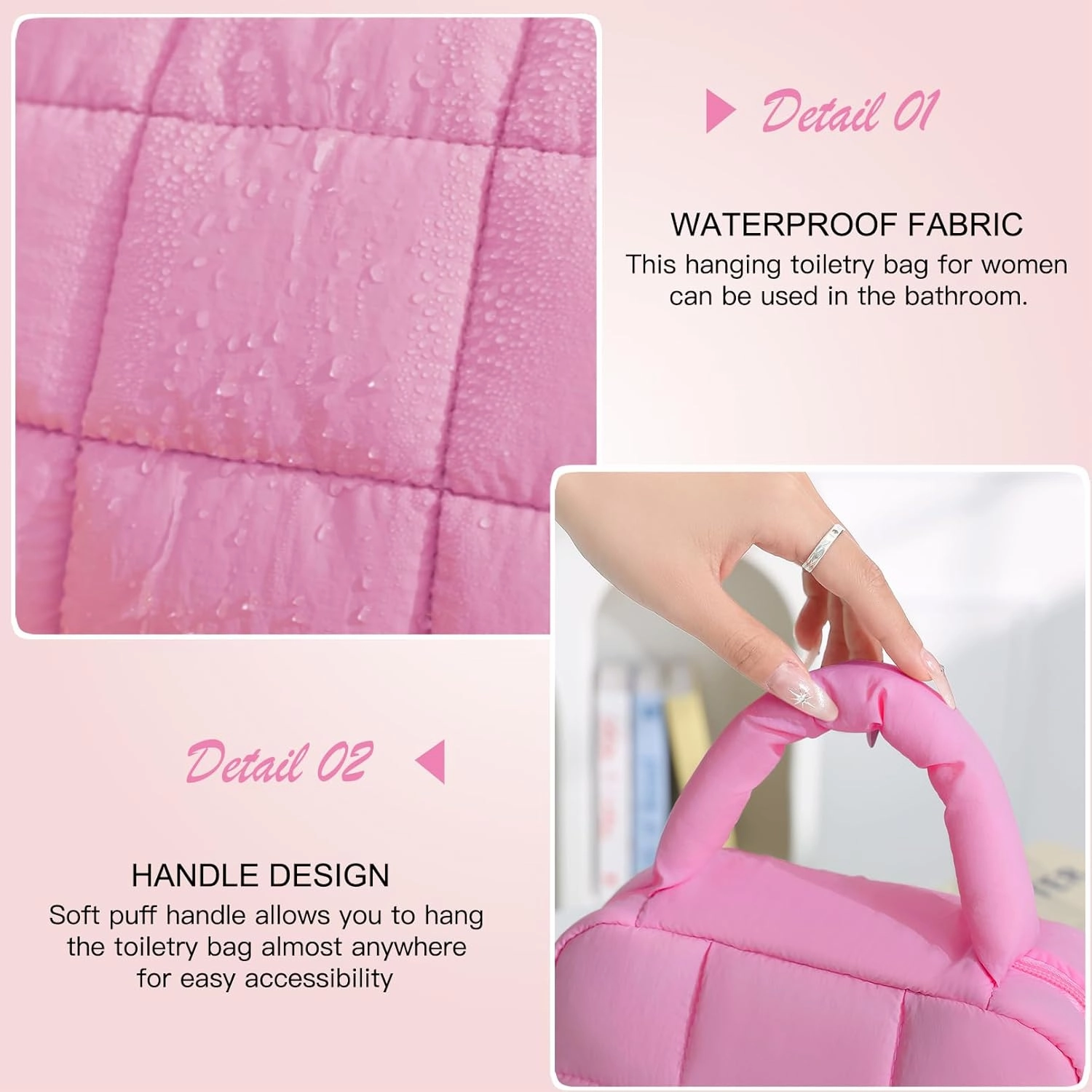 Teryeefi Hanging Travel Toiletry Bag for women, [Cute Candy Color Puffy Design] Travel Makeup Cosmetic Bag with Waterproof function (Rose)