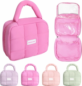 Teryeefi Hanging Travel Toiletry Bag for women, [Cute Candy Color Puffy Design] Travel Makeup Cosmetic Bag with Waterproof function (Rose)