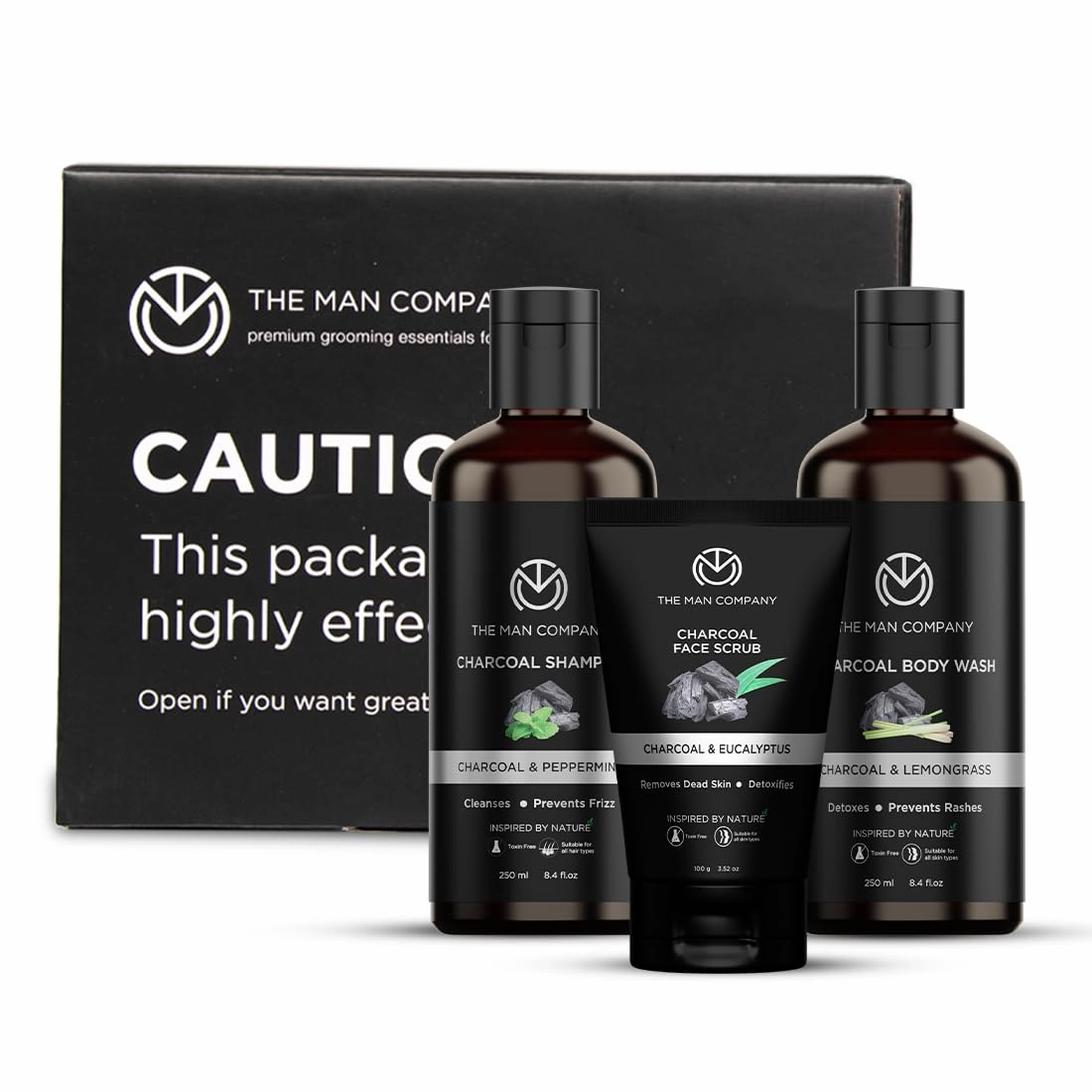 The Man Company Charcoal Cleansing Kit | Set of 3 – Charcoal Body Wash 250ml, Charcoal Shampoo 250ml, Charcoal Face Scrub 100 gm | Deep Cleanses, Dandruff Treatment