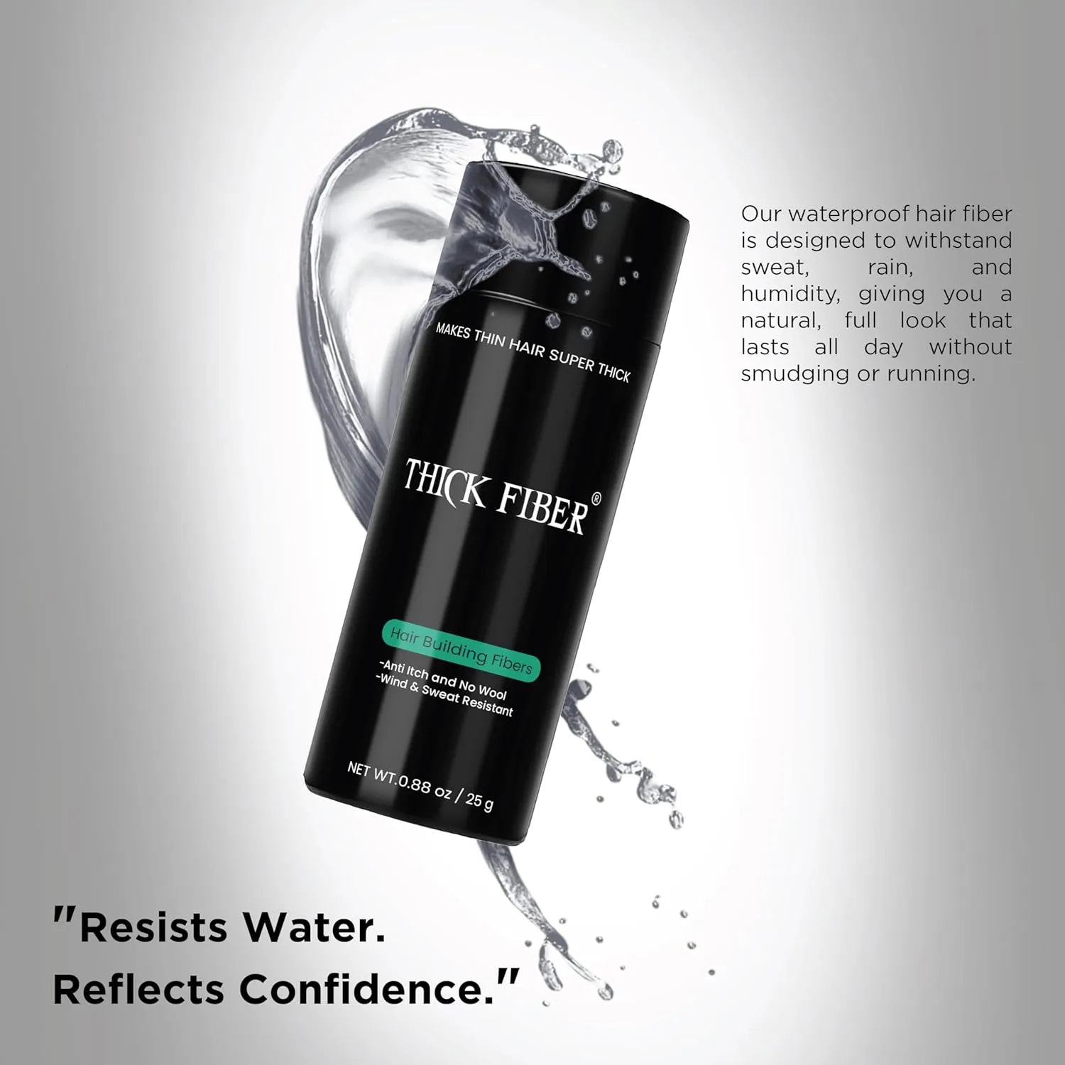 THICK FIBER Hair Fibers for Thinning Hair & Bald spots (BLACK) - 25g Bottle - Conceals Hair Loss in Seconds - Hair Powder for Women & Men