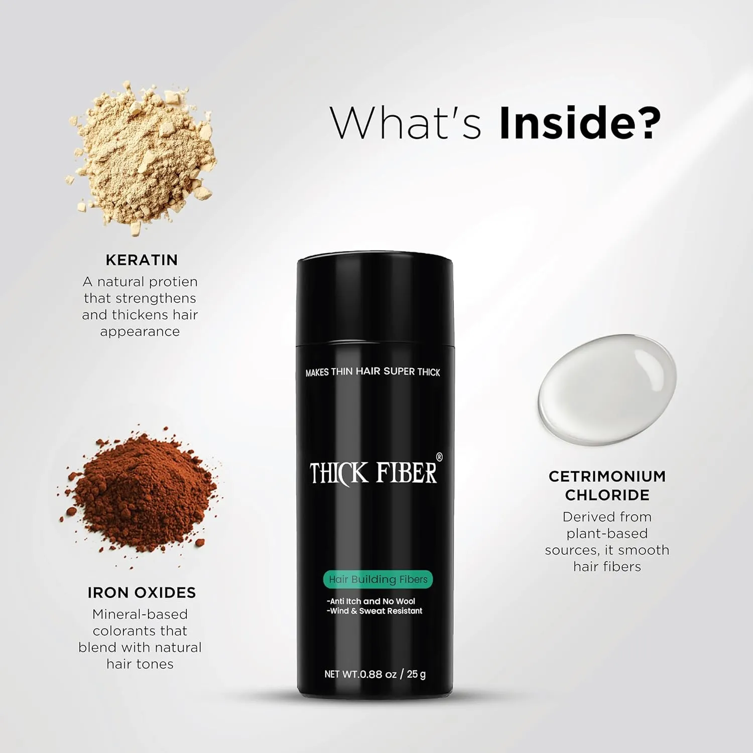 THICK FIBER Hair Fibers for Thinning Hair & Bald spots (BLACK) - 25g Bottle - Conceals Hair Loss in Seconds - Hair Powder for Women & Men