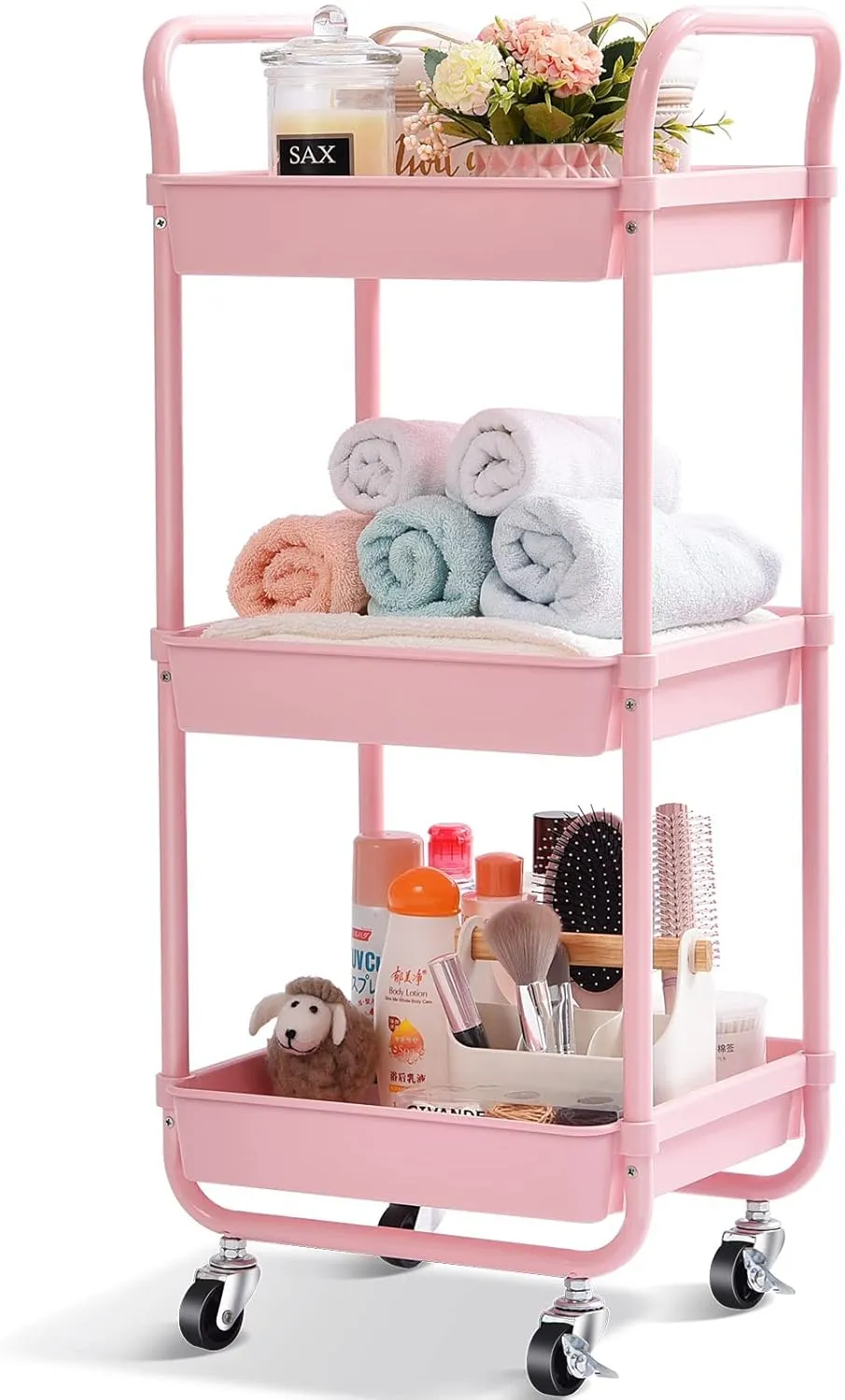 TOOLF 3-Tier Storage Rolling Cart, Kitchen Utility Cart with Wheels, Plastic Organizer Cart, Rolling Trolley Shelving Unit, Small Rolling Cart for Bathroom Snack Bedside Dorm Baby Nursery Diaper Pink