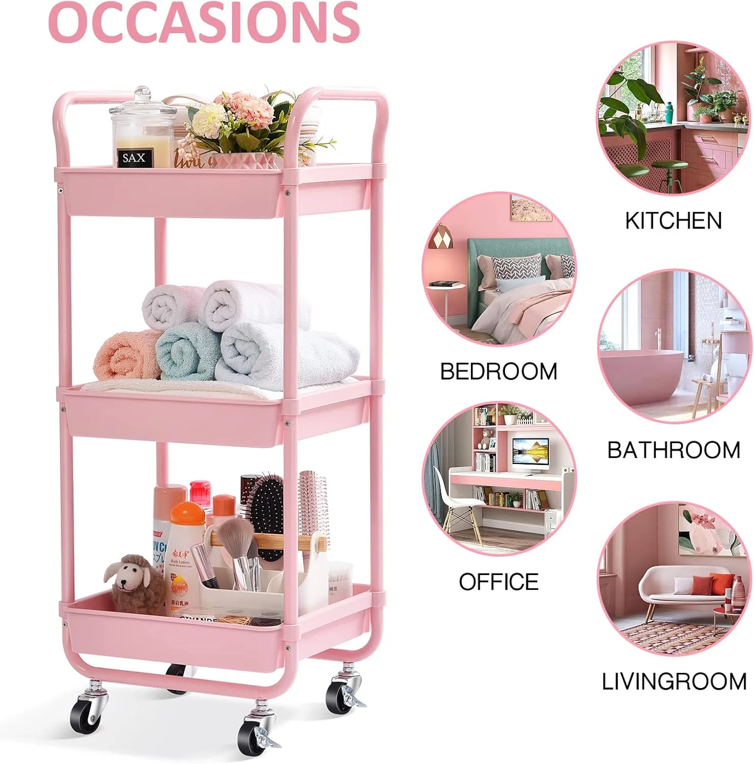 TOOLF 3-Tier Storage Rolling Cart, Kitchen Utility Cart with Wheels, Plastic Organizer Cart, Rolling Trolley Shelving Unit, Small Rolling Cart for Bathroom Snack Bedside Dorm Baby Nursery Diaper Pink