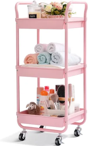 TOOLF 3-Tier Storage Rolling Cart, Kitchen Utility Cart with Wheels, Plastic Organizer Cart, Rolling Trolley Shelving Unit, Small Rolling Cart for Bathroom Snack Bedside Dorm Baby Nursery Diaper Pink